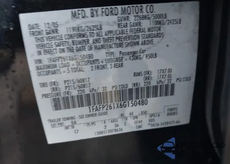 2006 Ford Five Hundred Se из США, поврежденный, VIN 1FAFP261X6G150480